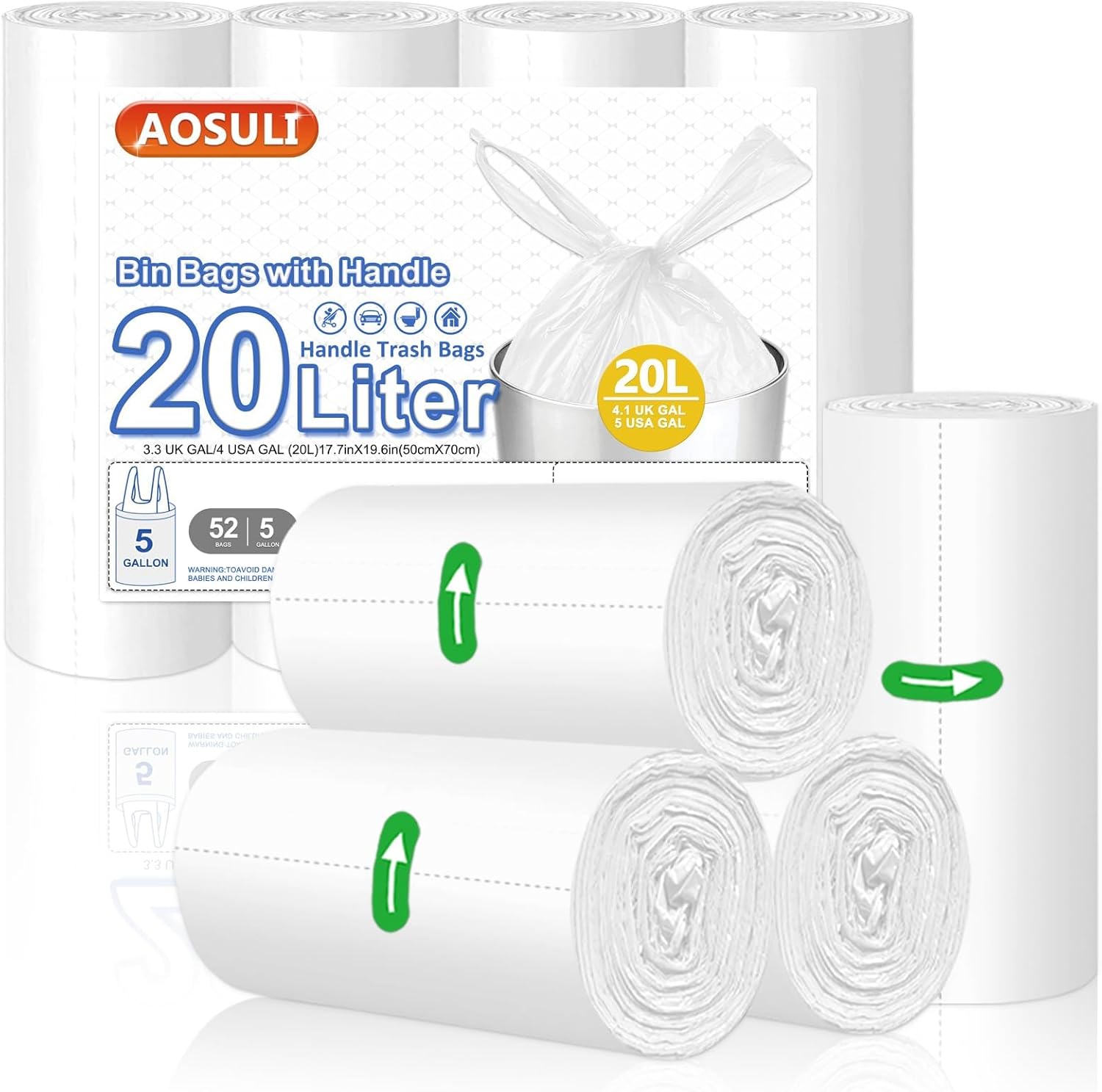 AOSULI Bin Bags 20Liter with Tie Handles,Heavy Duty Bin Liners White and Transpa...