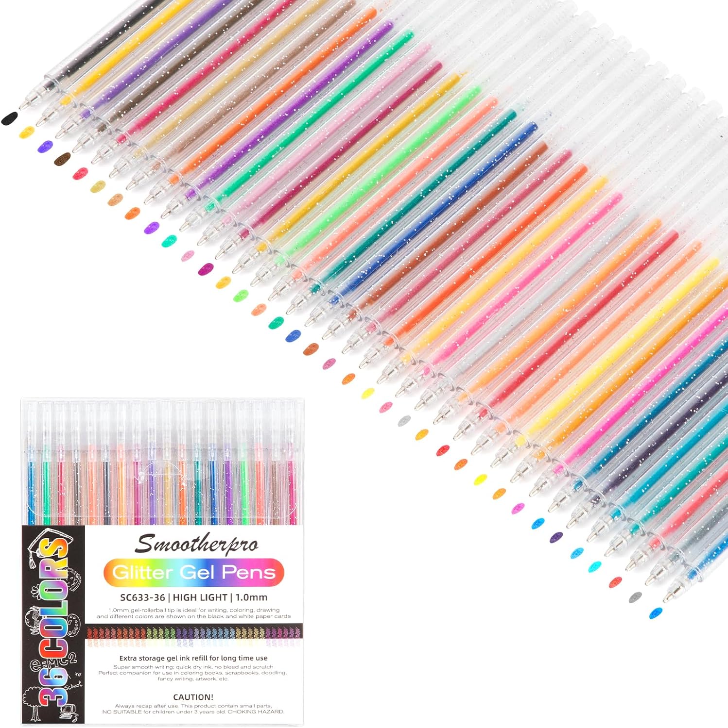 SMOOTHERPRO Metallic Gel Pens | Set of 36 | Glitter Colored Pen | for Coloring B...
