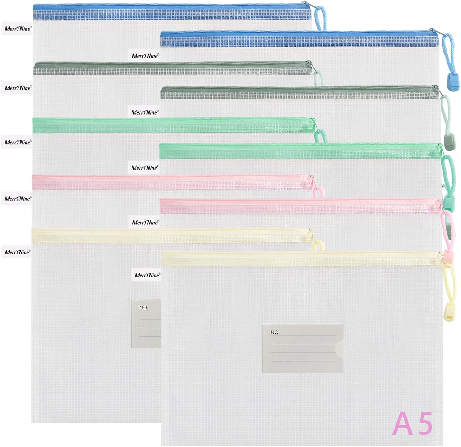MerryNine 10 Pack Mesh Zipper Pouch Document Bag, A5 Waterproof Plastic Folders...