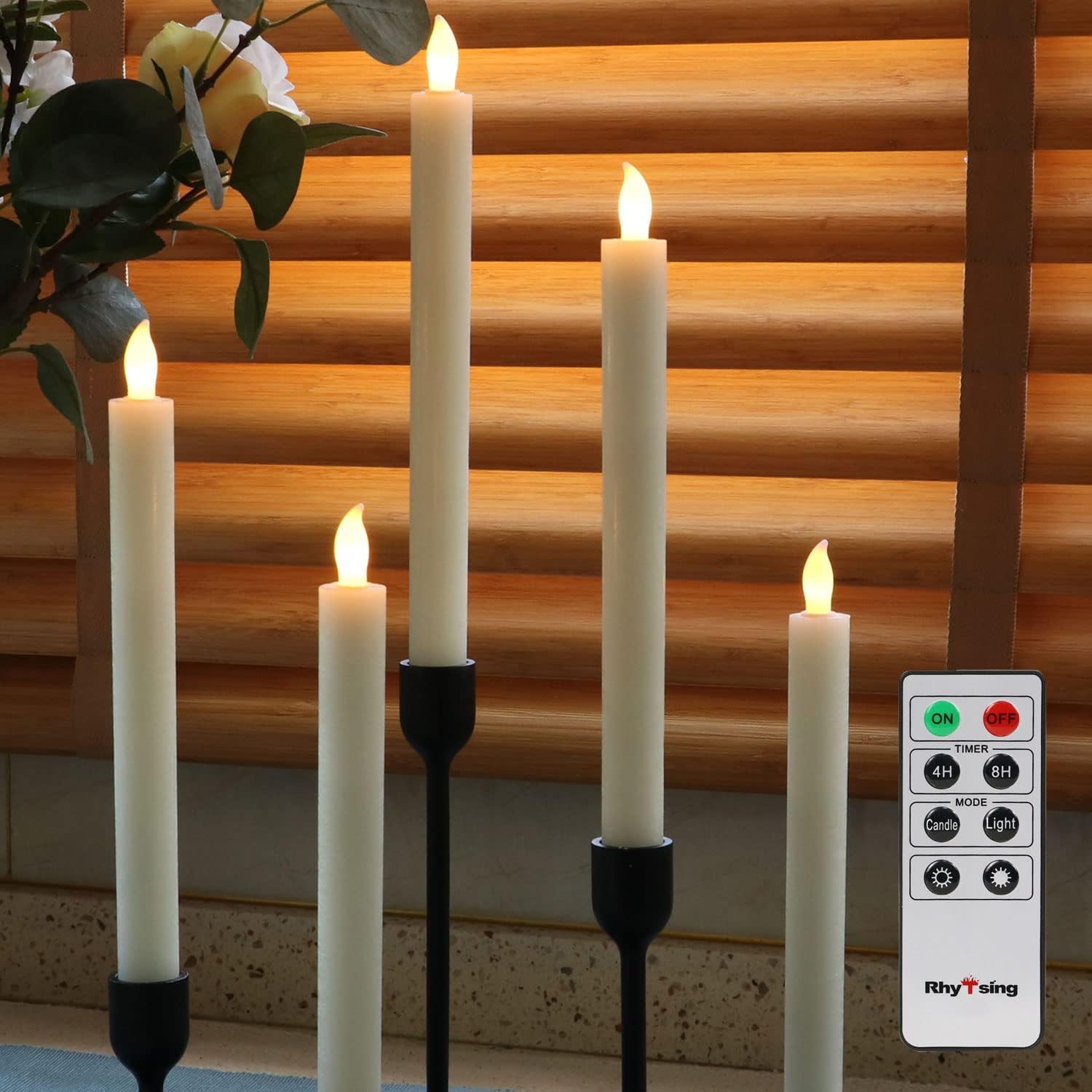 Rhytsing Set of 5 Ivory Battery Operated Taper Candles with Remote, LED Dinner C...