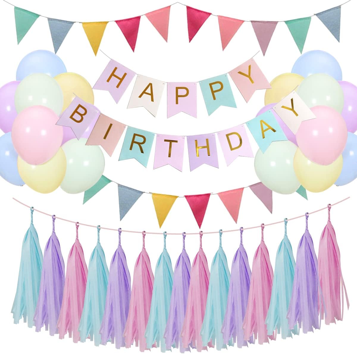 SIMSPEAR Birthday Decorations for Girl, Happy Birthday Banner with Pastel Balloo...