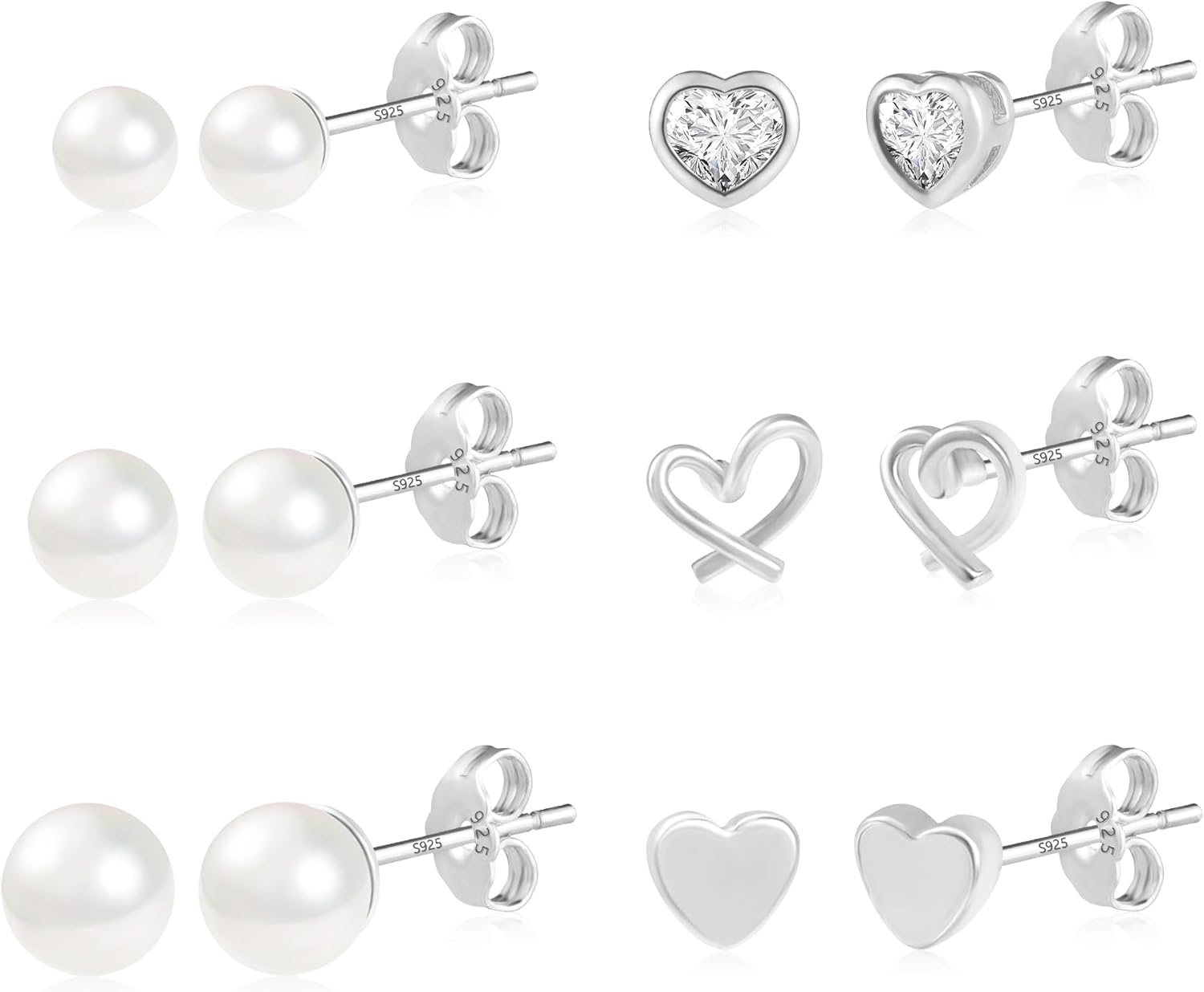 ASH'S CHOICE Sterling Silver Stud Earrings, 6 Pairs Sterling Silver 925 Studs Se...