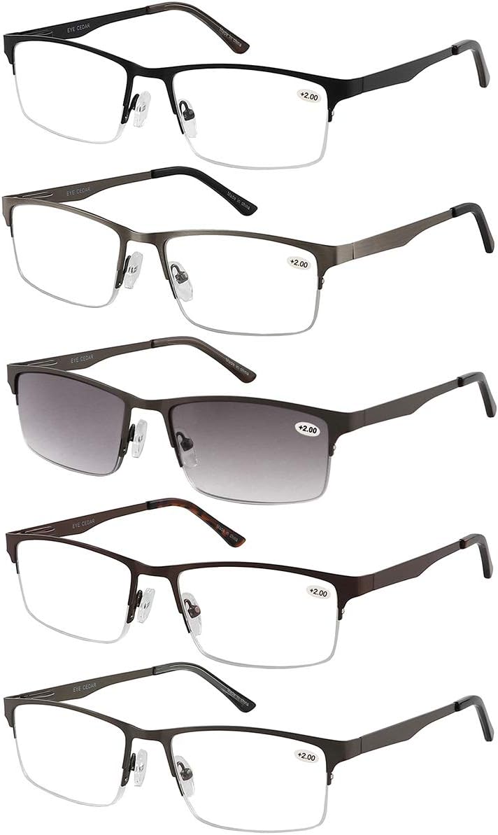 EYECEDAR 5-Pack Reading Glasses Men Metal Half-Frame Spring Hinges Stainless Ste...