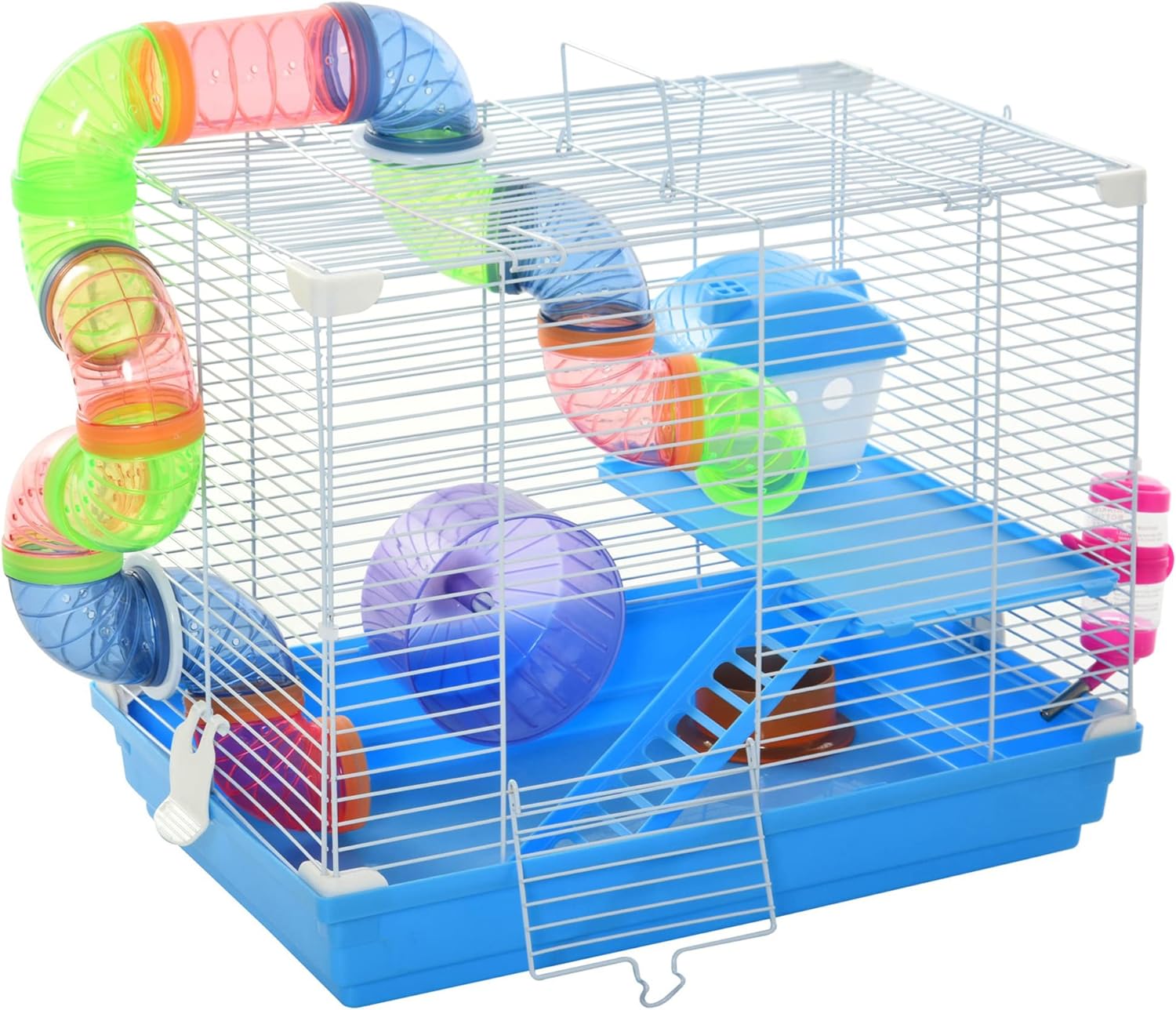 Pawhut 2 Tier Hamster Cage Carrier Habitat Small Animal House with Exercise Whee...