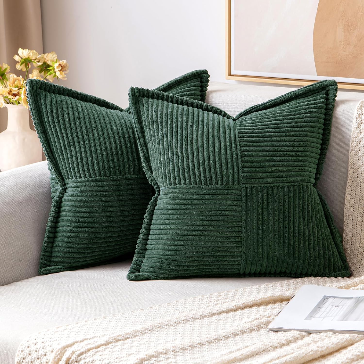 MIULEE Cordur Cushion Covers Pack of 2 Decorative Modern Patchwork Throw Pillow...