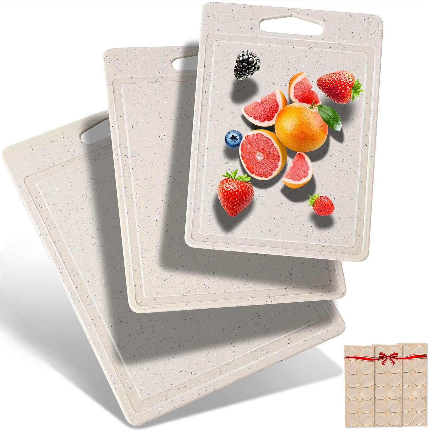 DIFULI Plastic Chopping Board Set, 3-Piece, Granite Look, Non-Slip Stickers, Jui...