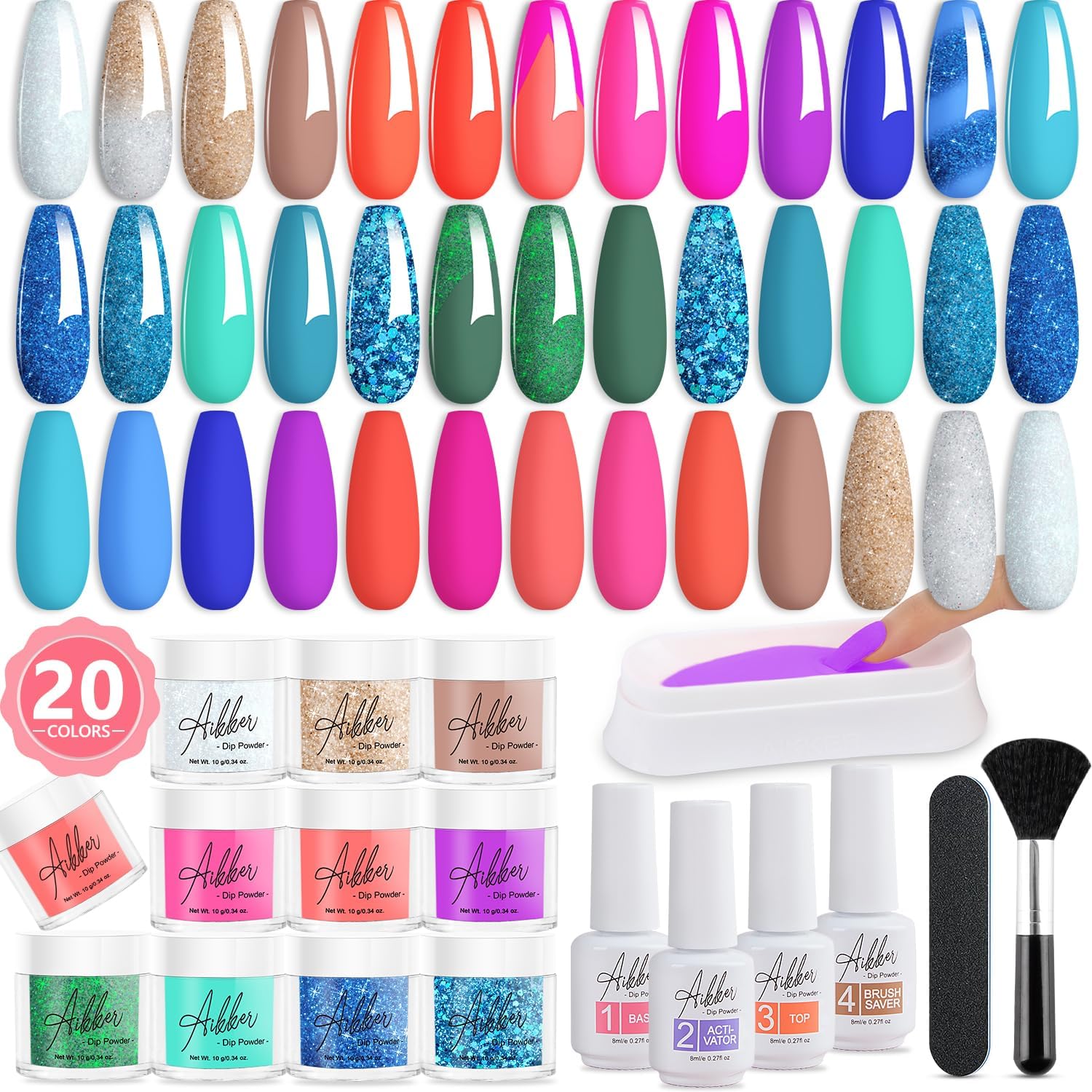 Aikker Nail Dip Powder Nail Kit 20 Summer Colours Glitter Blue Green Mermaid Sty...