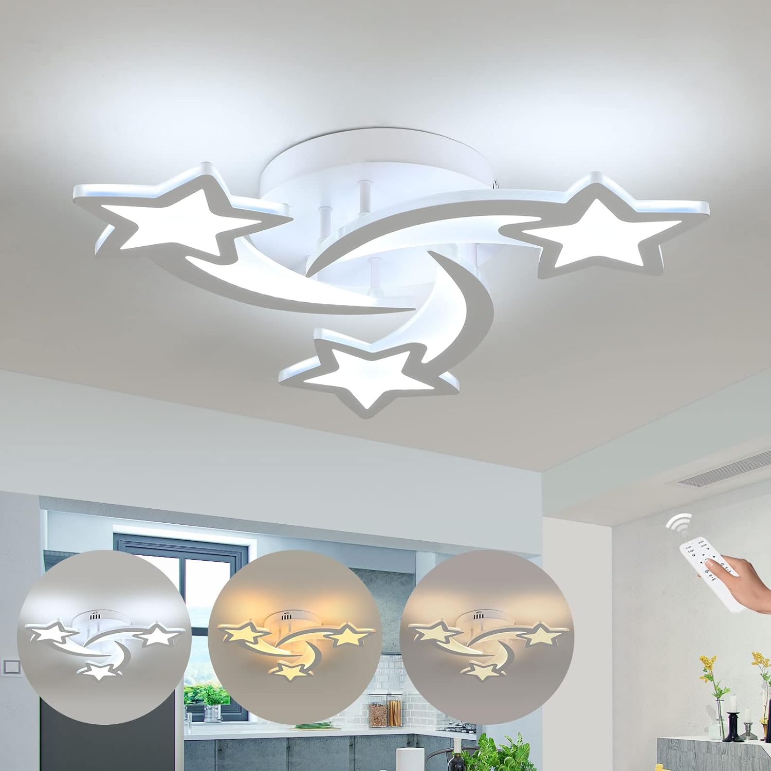 Dimmable LED Ceiling Lights, 30W Modern Acrylic Ceiling Lamp, 3-Star Shape Chand...
