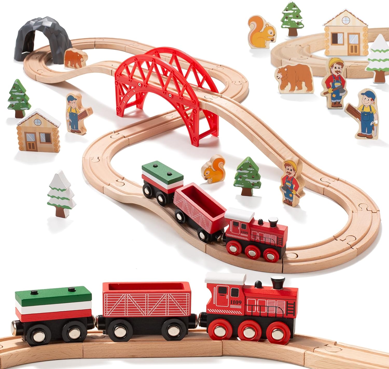 Giant bean Forest Theme Wooden Train Set for Toddler- 36PCS Expandable & Changea...