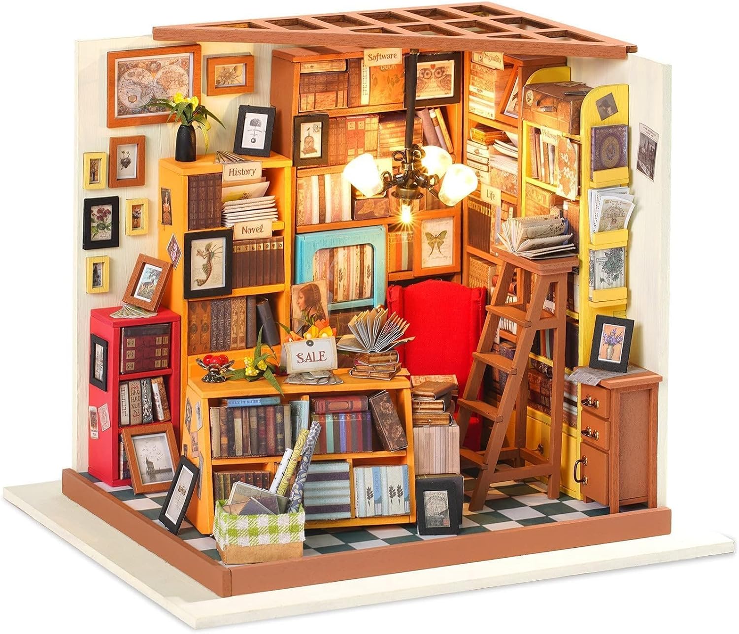 RoWood DIY Miniature Doll House Kit Library, Wooden Dollhouse Model Building Kit...