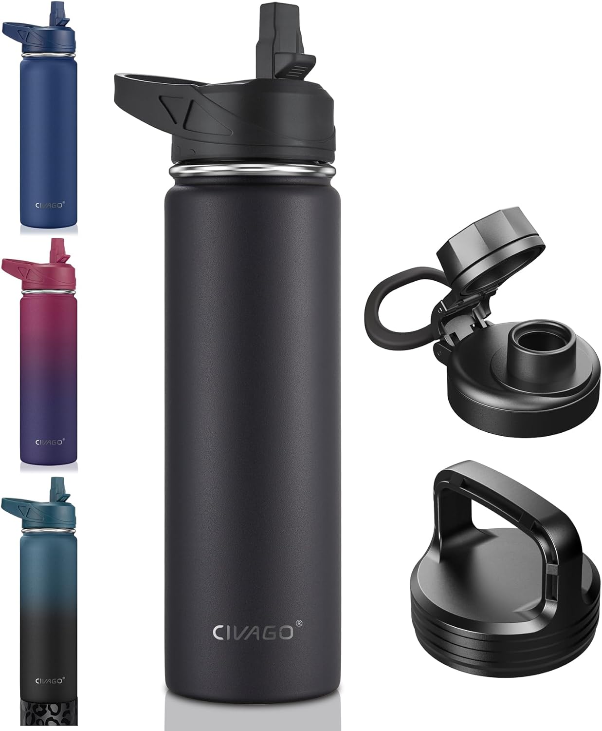 CIVAGO 22 oz Insulated Water Bottle With Straw, Stainless Steel Sports Water Fla...