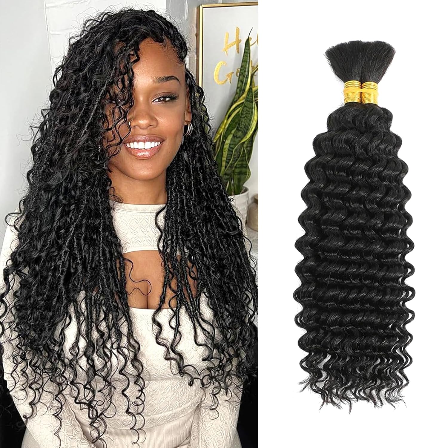 20 Inch Human Braiding Hair for Boho Braids 100g/pack 2 Bundles Deep Wave Bulk H...