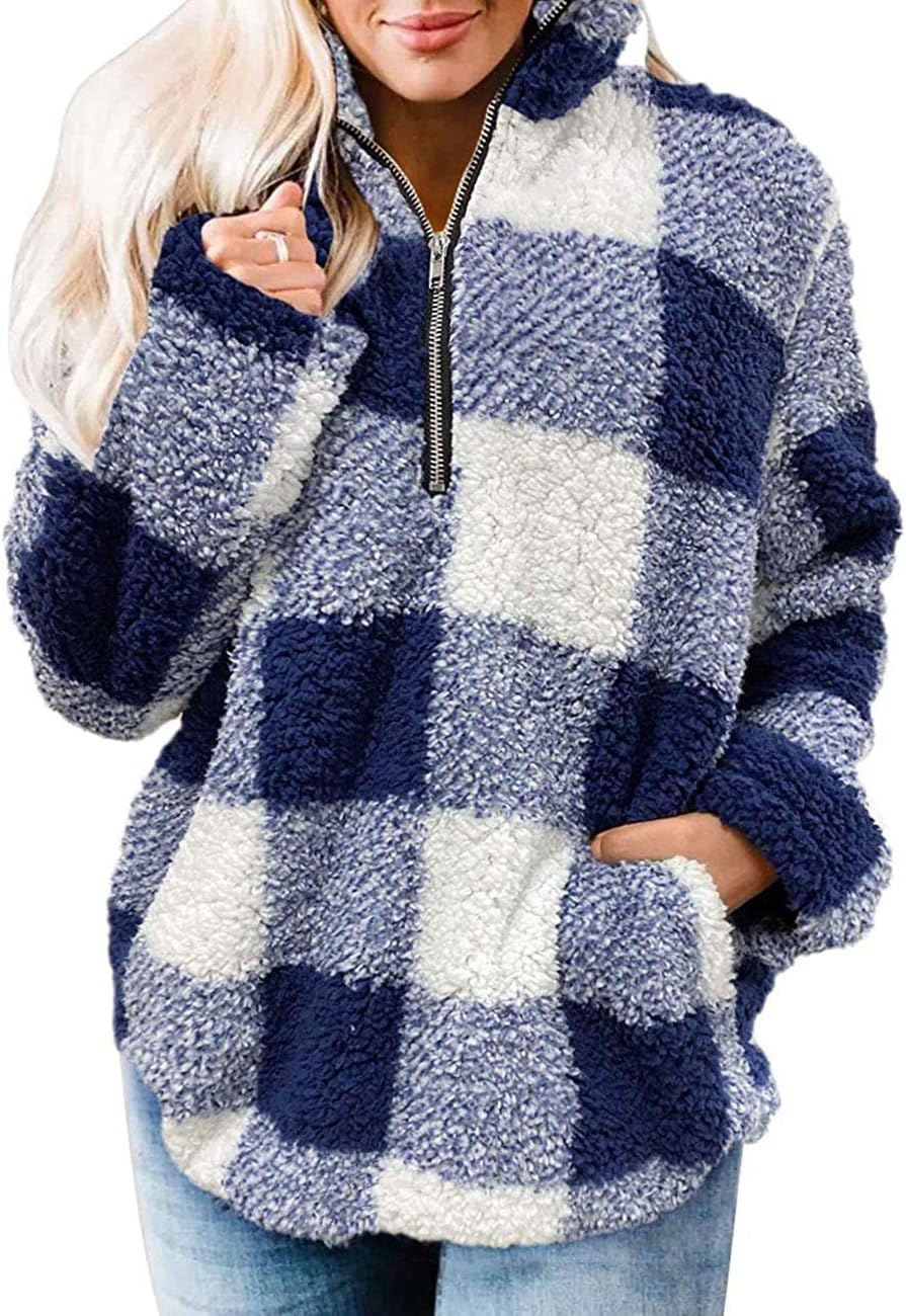 MEROKEETY Women's Plaid Sherpa Fleece, Special Fleece Zip Sweatshirt, Innovative...