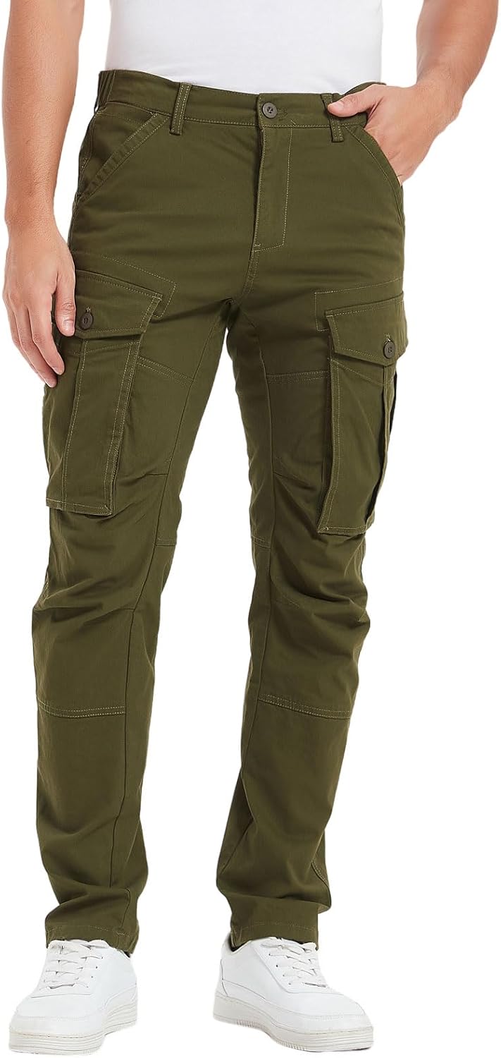 Plaid&Plain Men's Cargo Pants Slim Fit with Articulated Knees Olive 32W x 32L