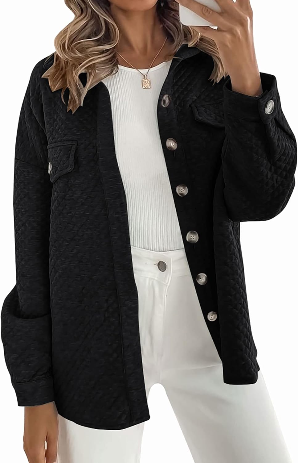 ZESICA Women's Casual Long Sleeve Button Down Loose Lightweight Shacket Shirt Ja...