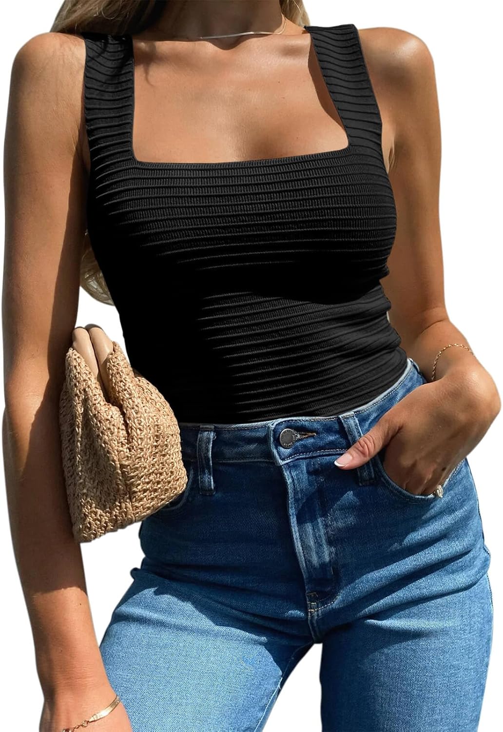 BZB Womens Ribbed Tank Tops 2024 Summer Sleeveless Square Neck Shirts Casual Sli...