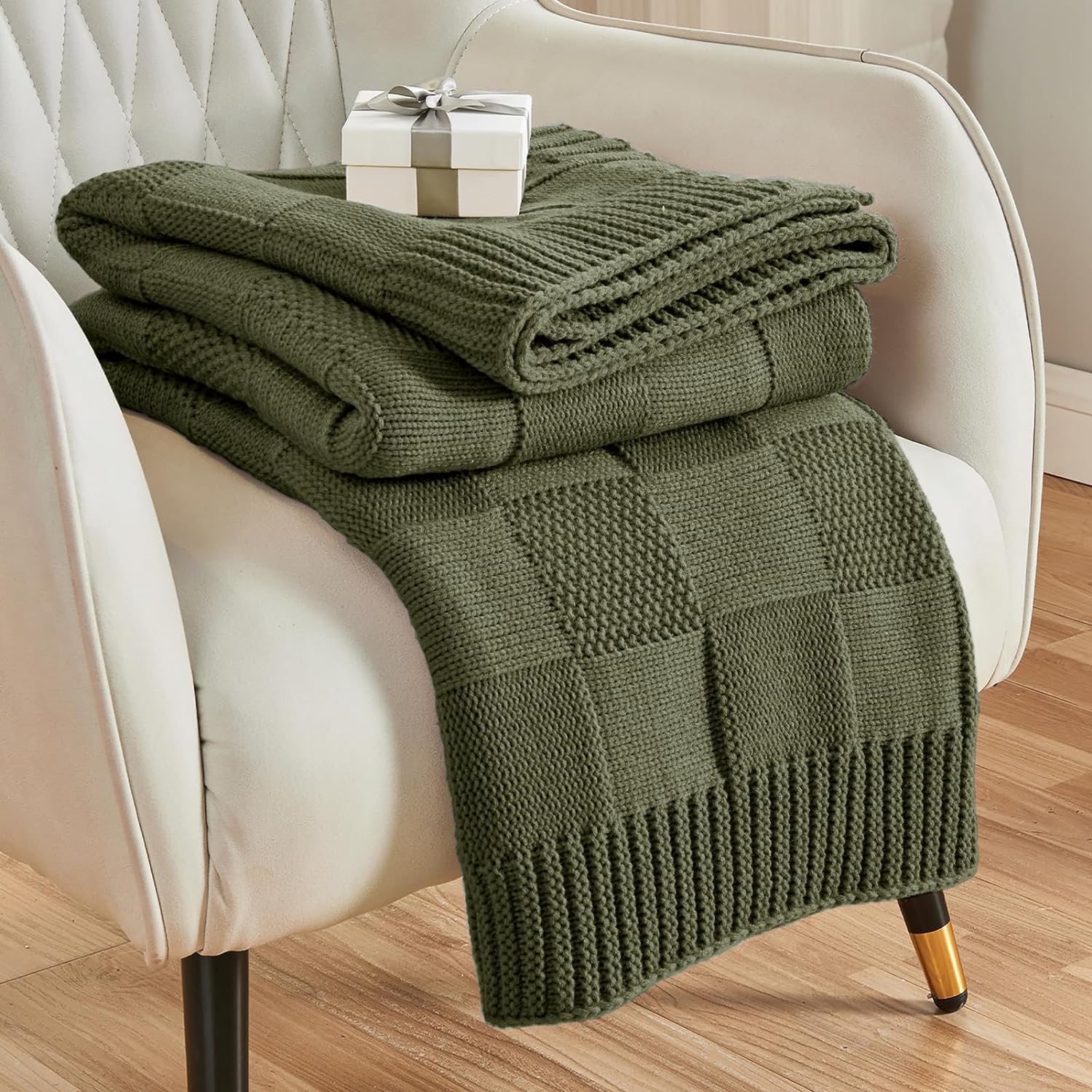 CozeCube Knit Throw Blanket,Olive Green Checkered Throw Blanket for Couch,Soft C...
