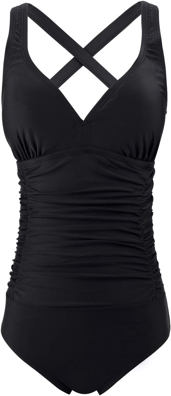 F FLYRONG Swimming Costume Women Ruched Tummy Control Swimwear V Neck One Piece...