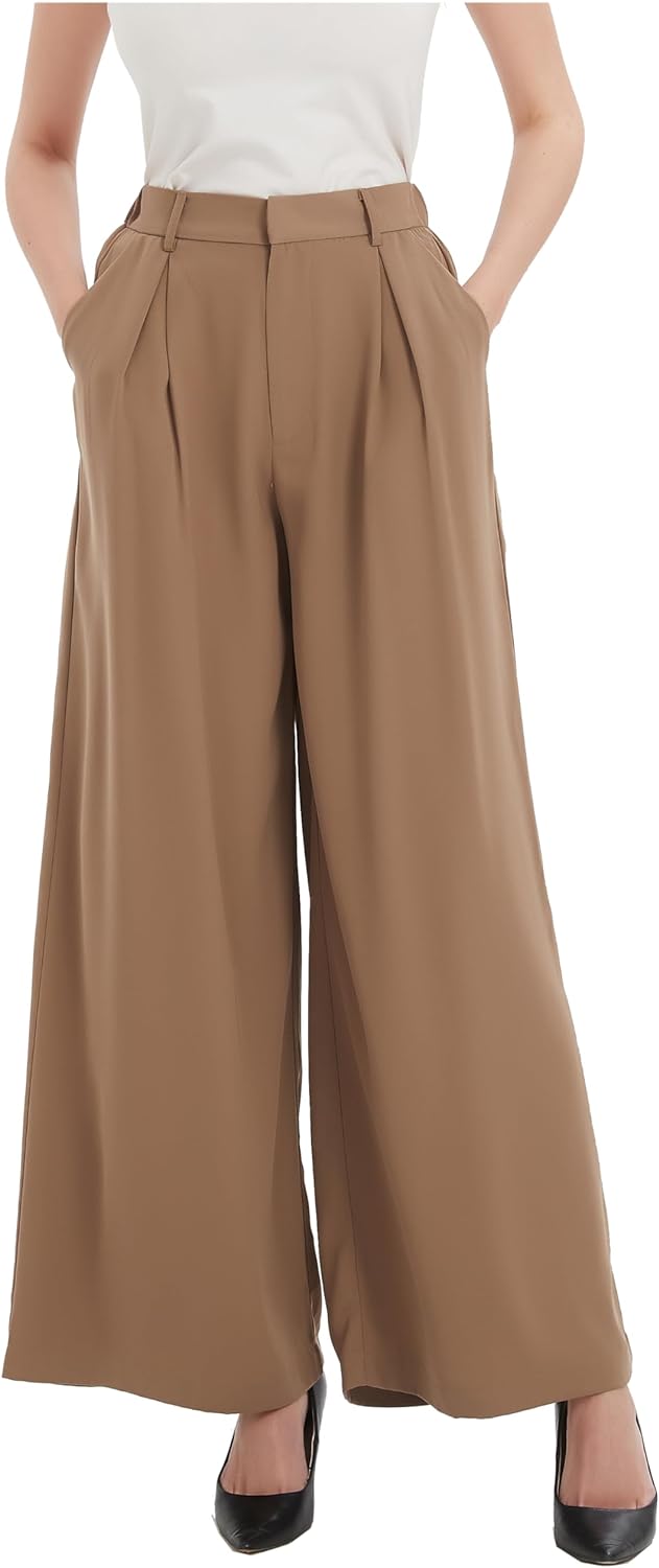 Tronjori Women High Waist Casual Wide Leg Long Palazzo Pants Trousers Regular Si...