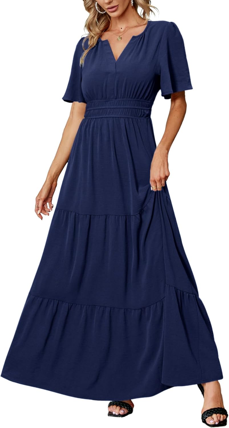 Amegoya Women's Summer Boho Maxi Dresses Casual V Neck Short Sleeve A-line Empir...