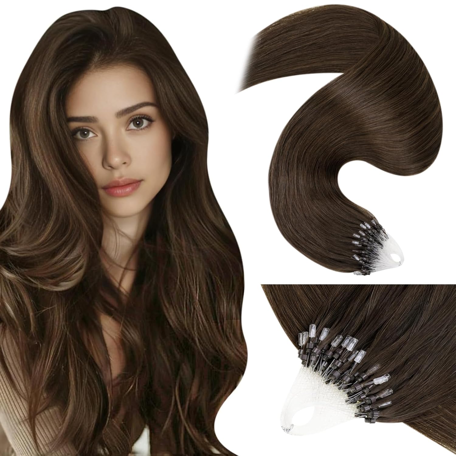 LaaVoo Micro Loop Hair Extensions Real Human Hair Dark Brown Microbead Hair Exte...