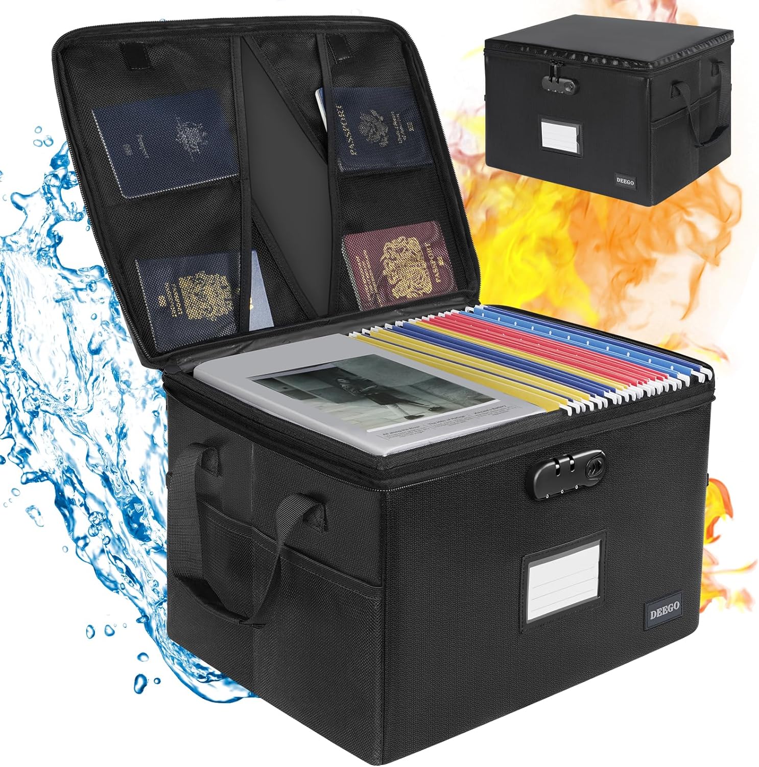 DEEGO Fireproof Document Box, Water-Resistant File Organizer Box with Lock, Port...