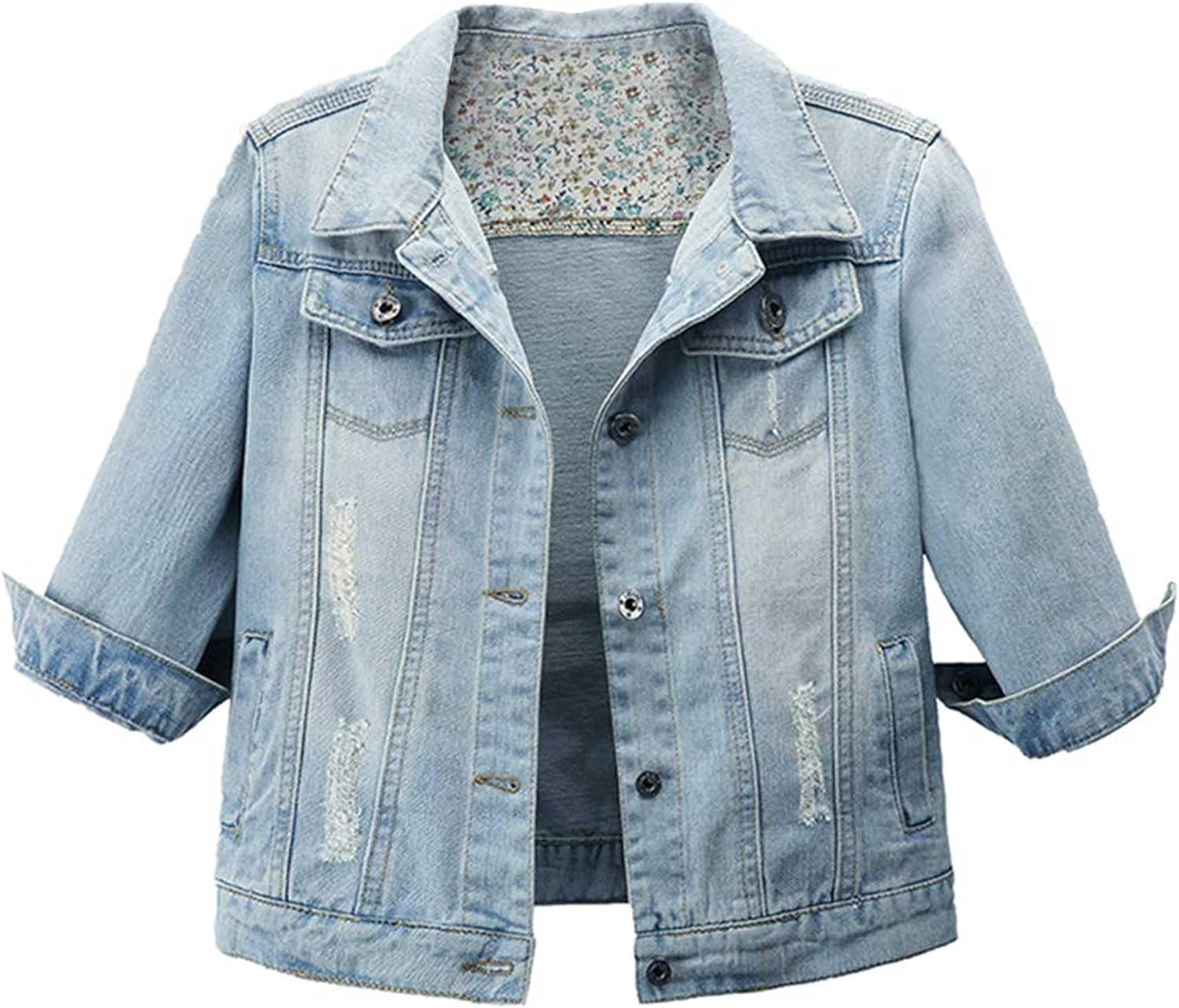 Hixiaohe Women Autumn 3/4 Sleeve Retro Short Denim Jackets Light Blue Jean Coats...