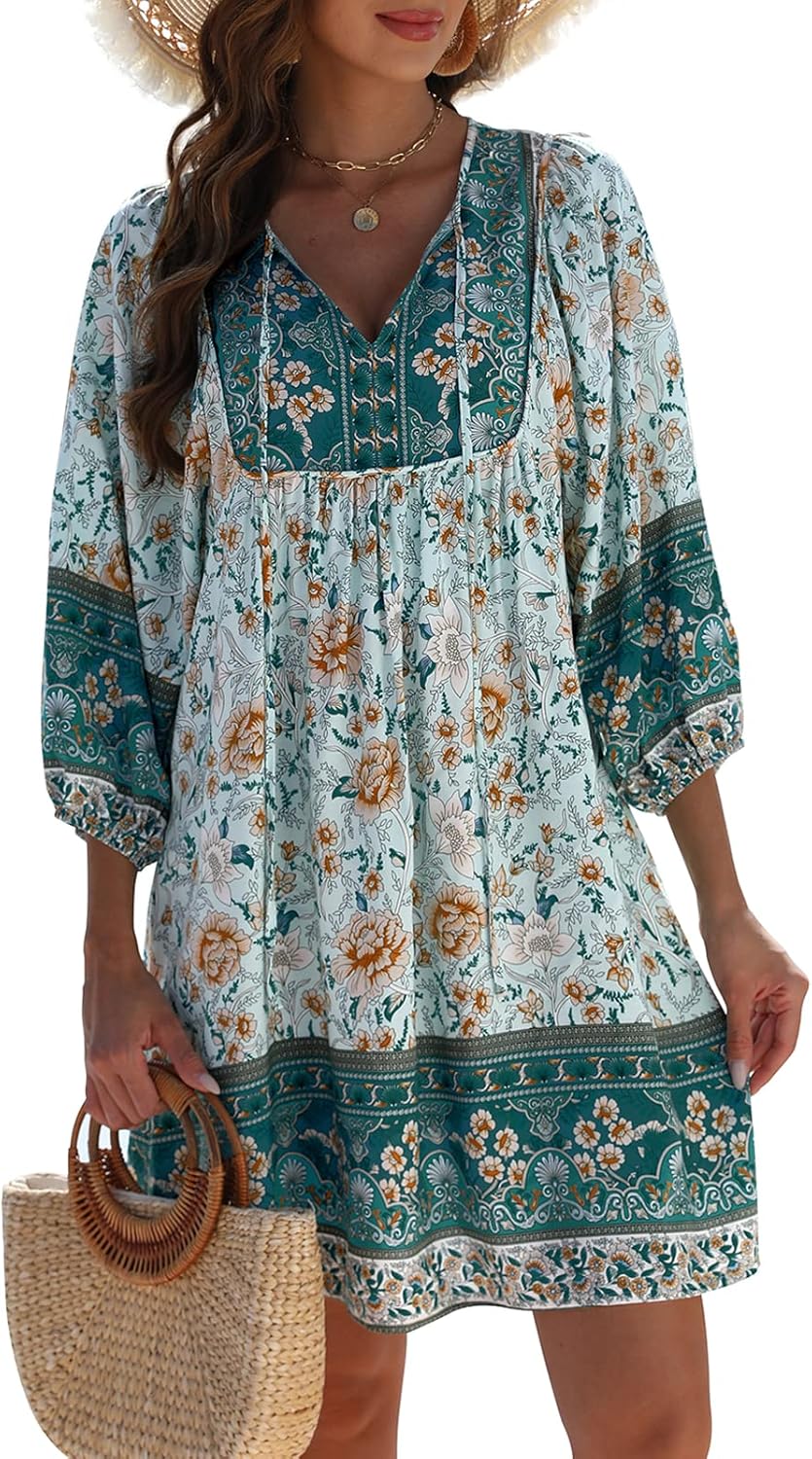 Qearal Womens Casual V Neck 3/4 Sleeve Boho Floral Printed Loose Short Mini Summ...