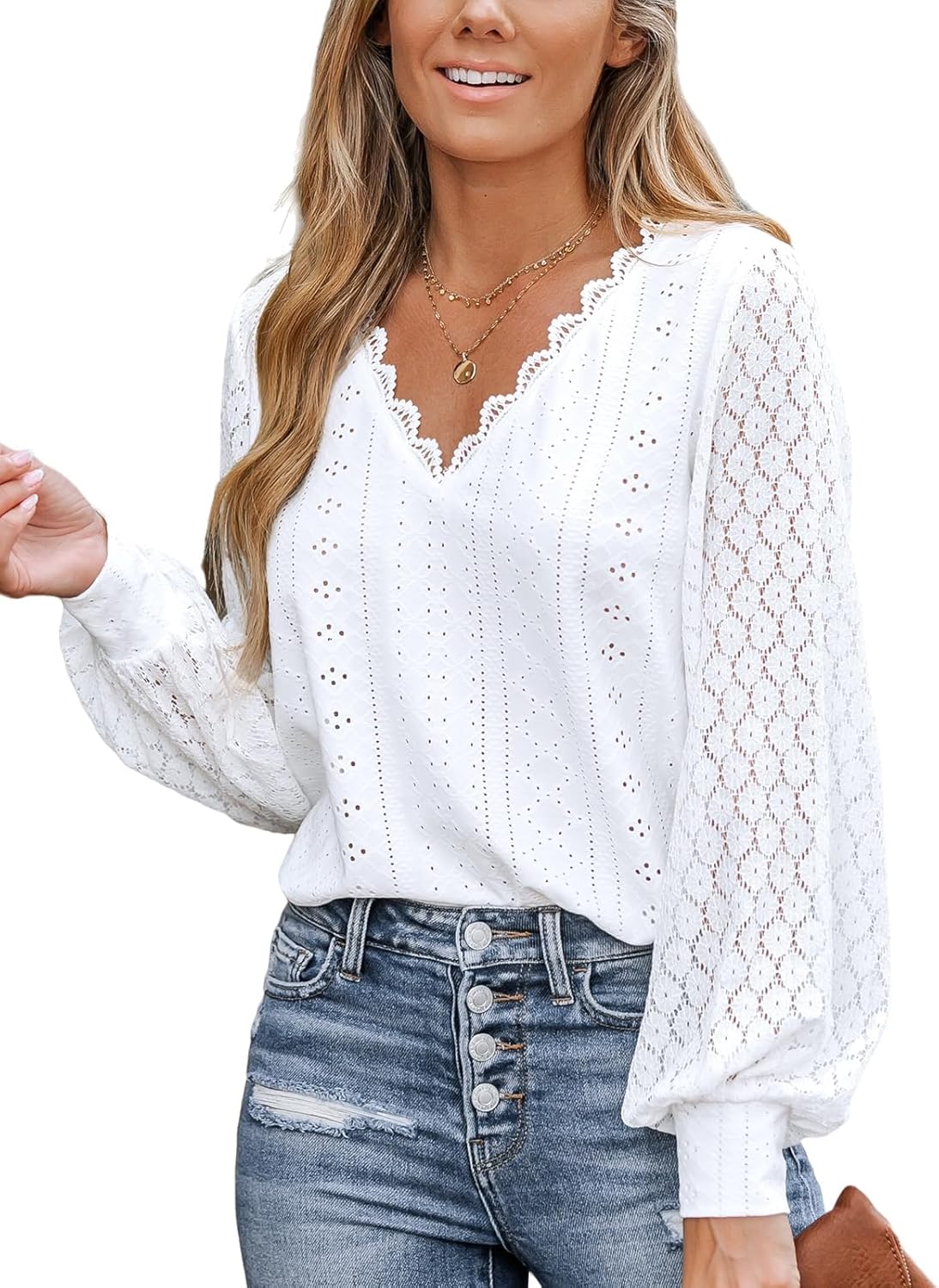 CUPSHE Women Cutout Scalloped Lace Top Long Lace Sleeves Shirts V Neck Blouses M...