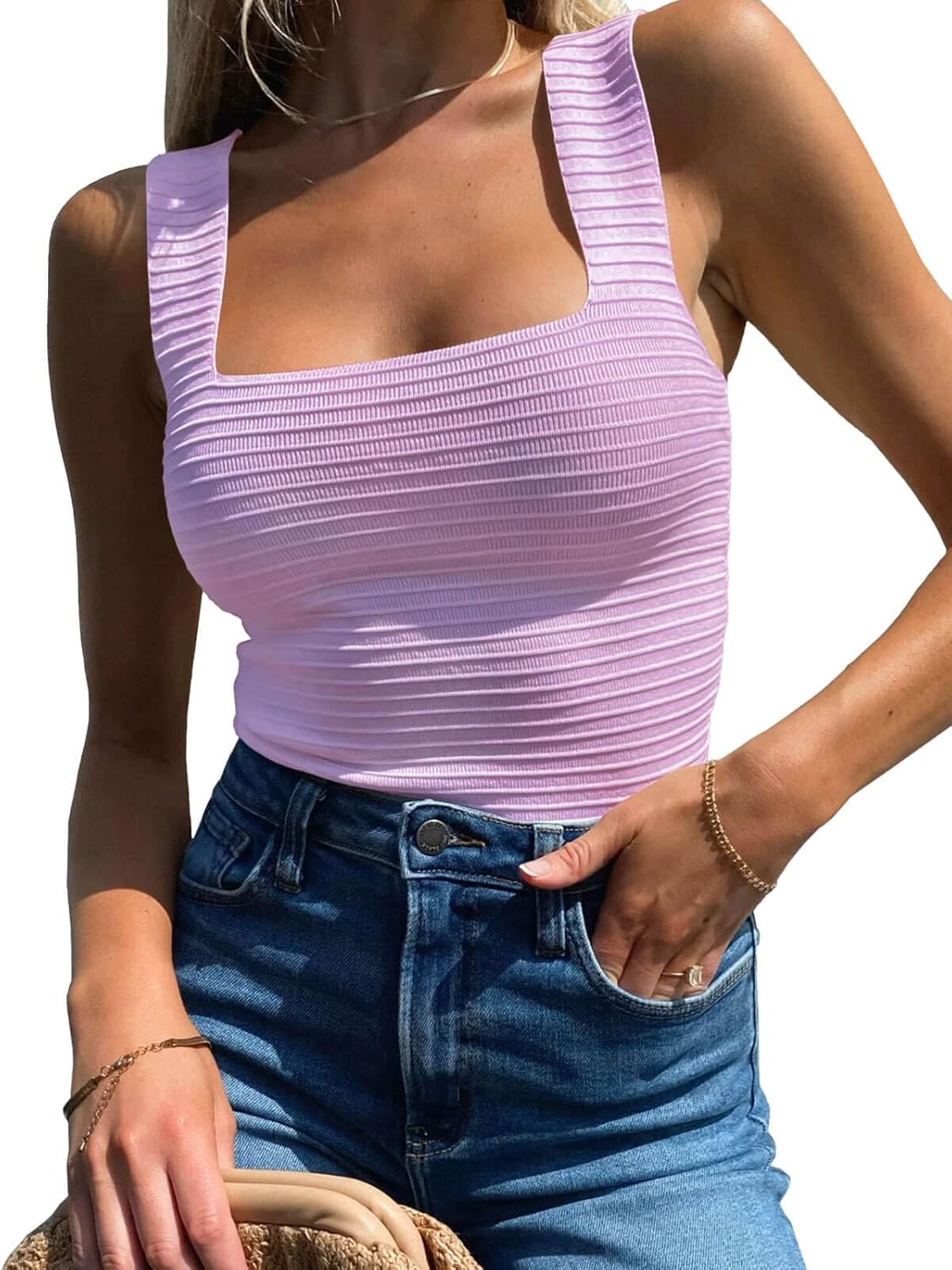 BZB Womens Ribbed Tank Tops 2024 Summer Sleeveless Square Neck Shirts Casual Sli...