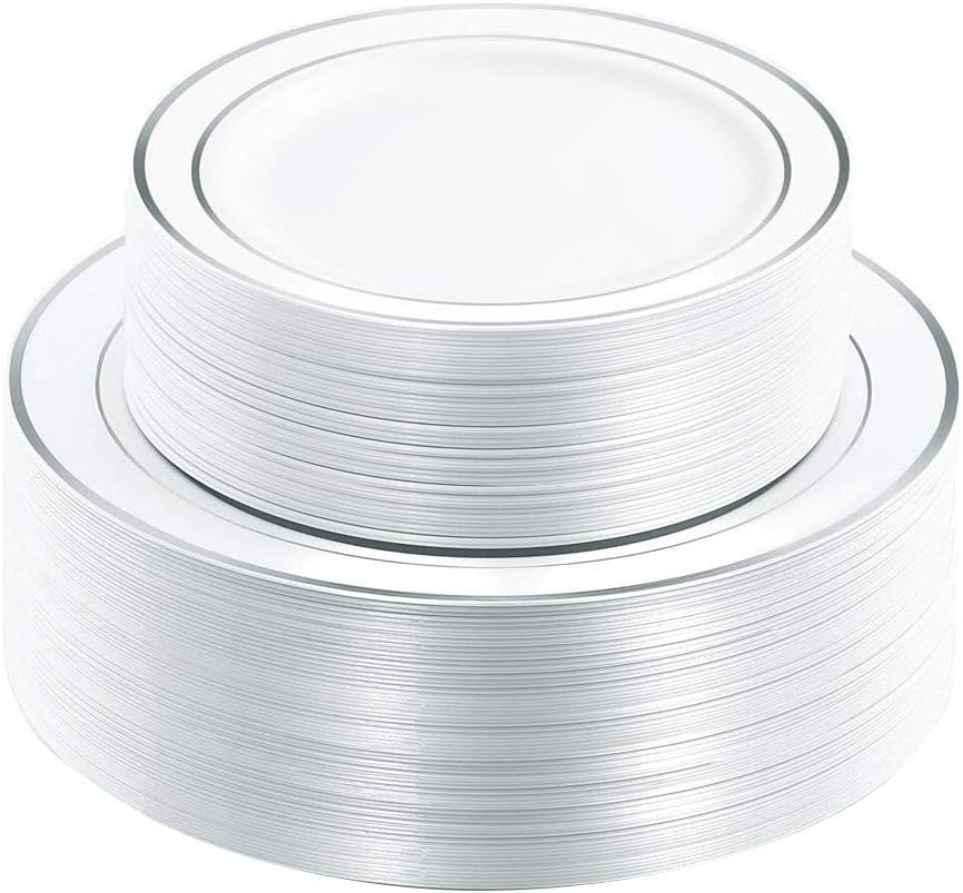 I00000 Disposable Plastic Party Plates with White Silver Rim Heavy Duty Fancy We...