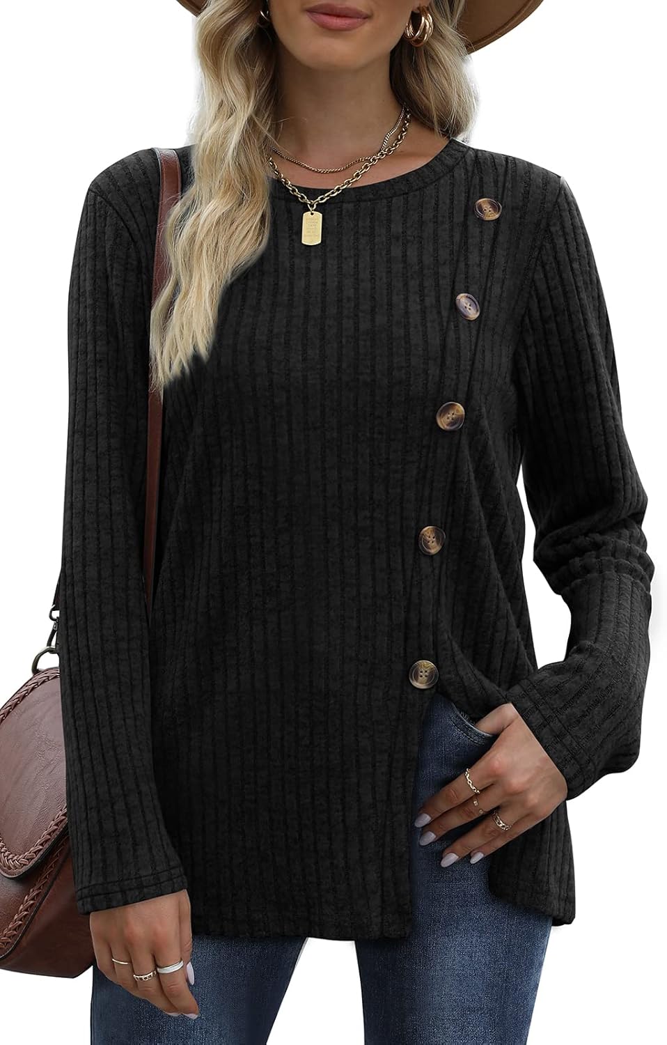 OFEEFAN Women's Long Sleeve Tunic, Special Crew Neck Tunic with Button Side, Inn...