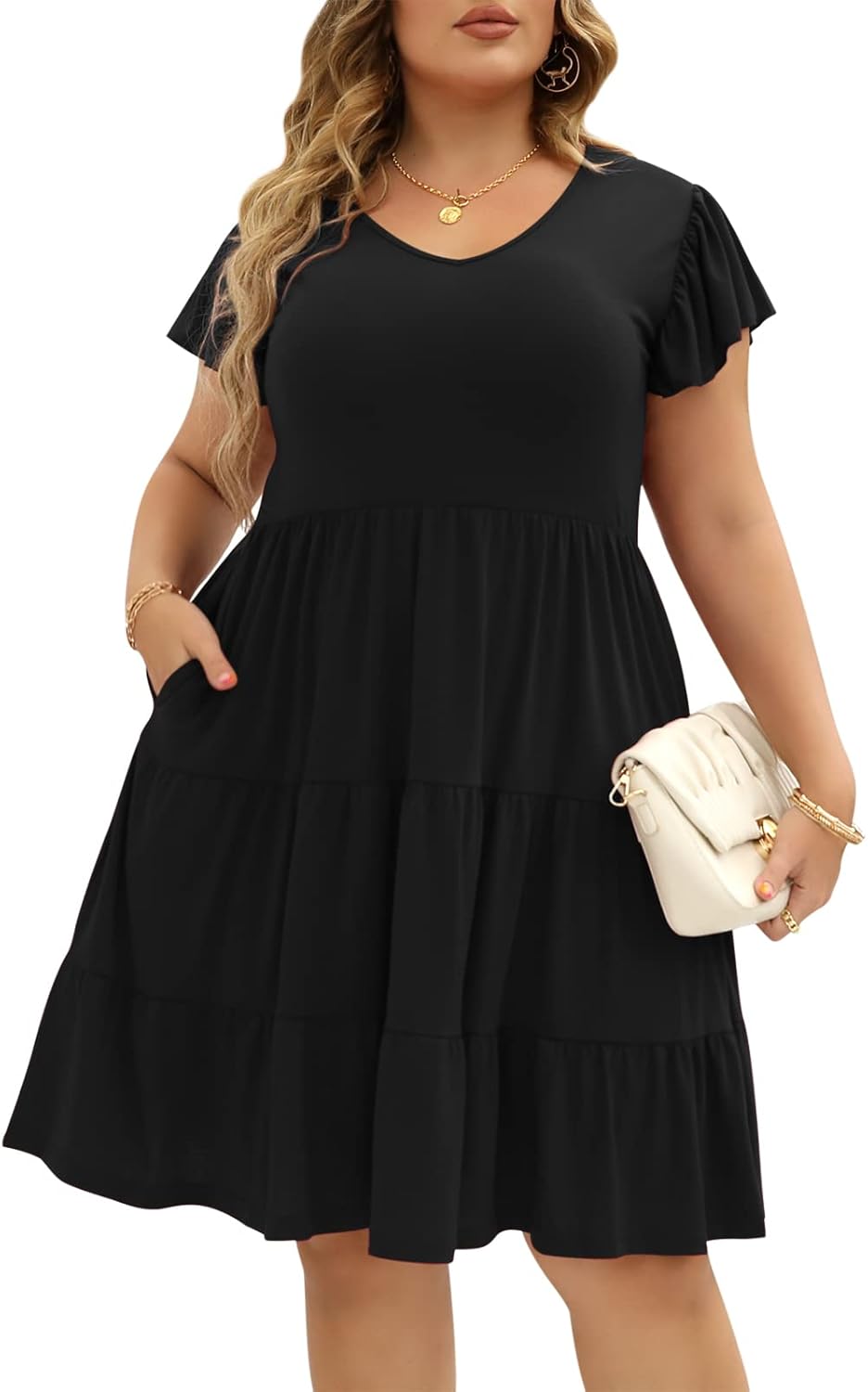 Celkuser Womens Plus Size Casual Summer Dresses Ruffle Sleeve Tiered Swing Midi...