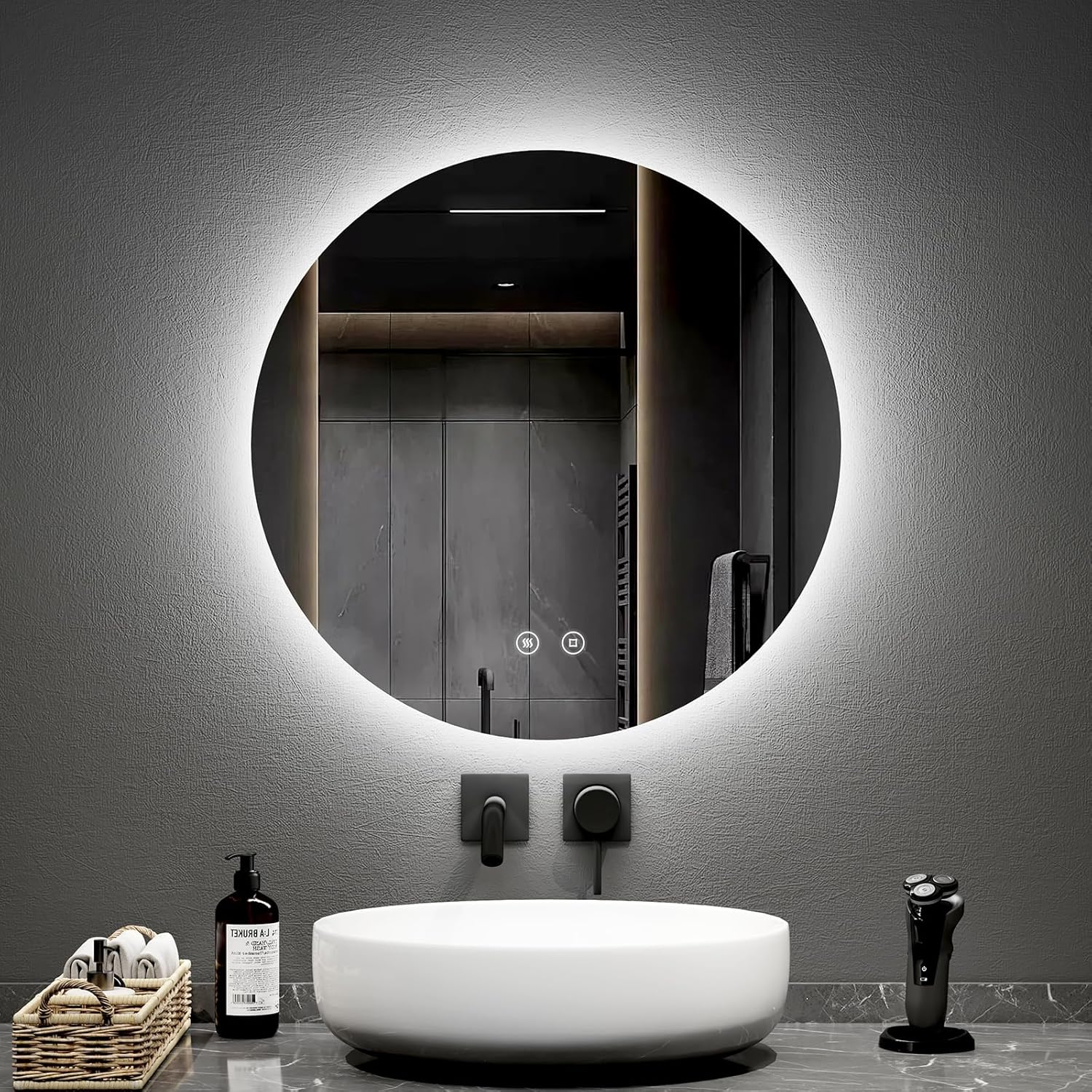 EMKE Round Bathroom Mirror with Led Lights, 60CM Illuminated Frameless Wall Moun...