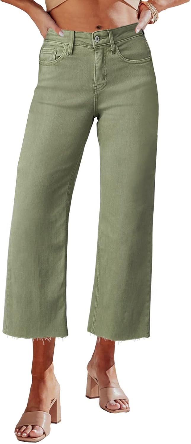 Allimy Women's High Waisted Straight Ankle Wide Leg Ripped Jeans Frayed Hem Stre...