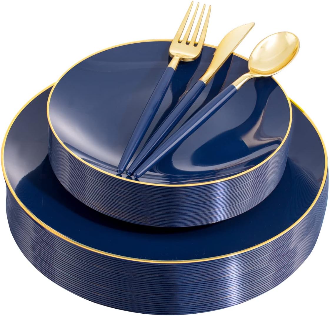 Liacere 150PCS Blue Plastic Plates - Gold Plastic Silverware with Blue Handle -...