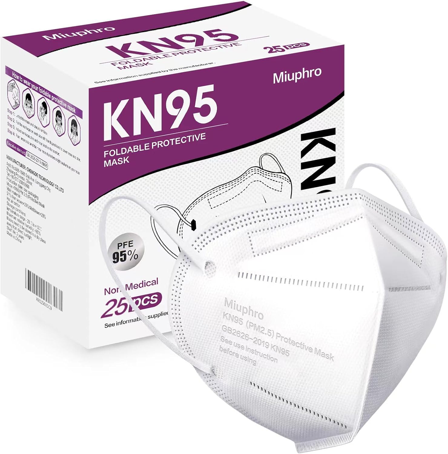 Miuphro KN95 Disposable Face Mask 25 Pack 5-Ply Breathable Safety Masks Against...