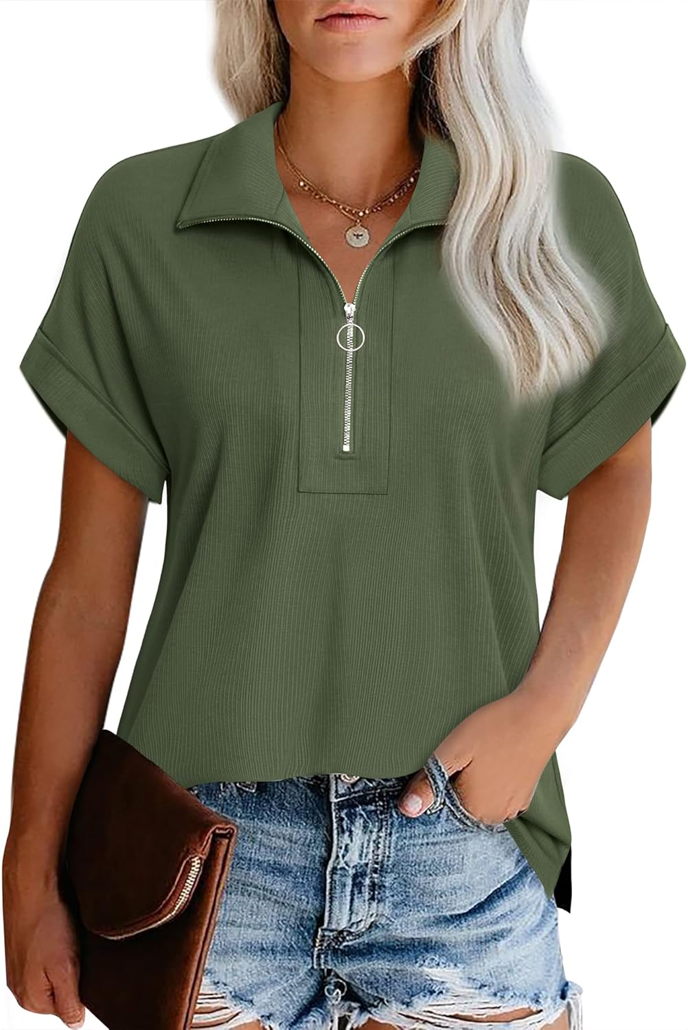 Vivilli Women's Short Sleeve Tops and Blouses Zipper Collar V Neck Business Casu...