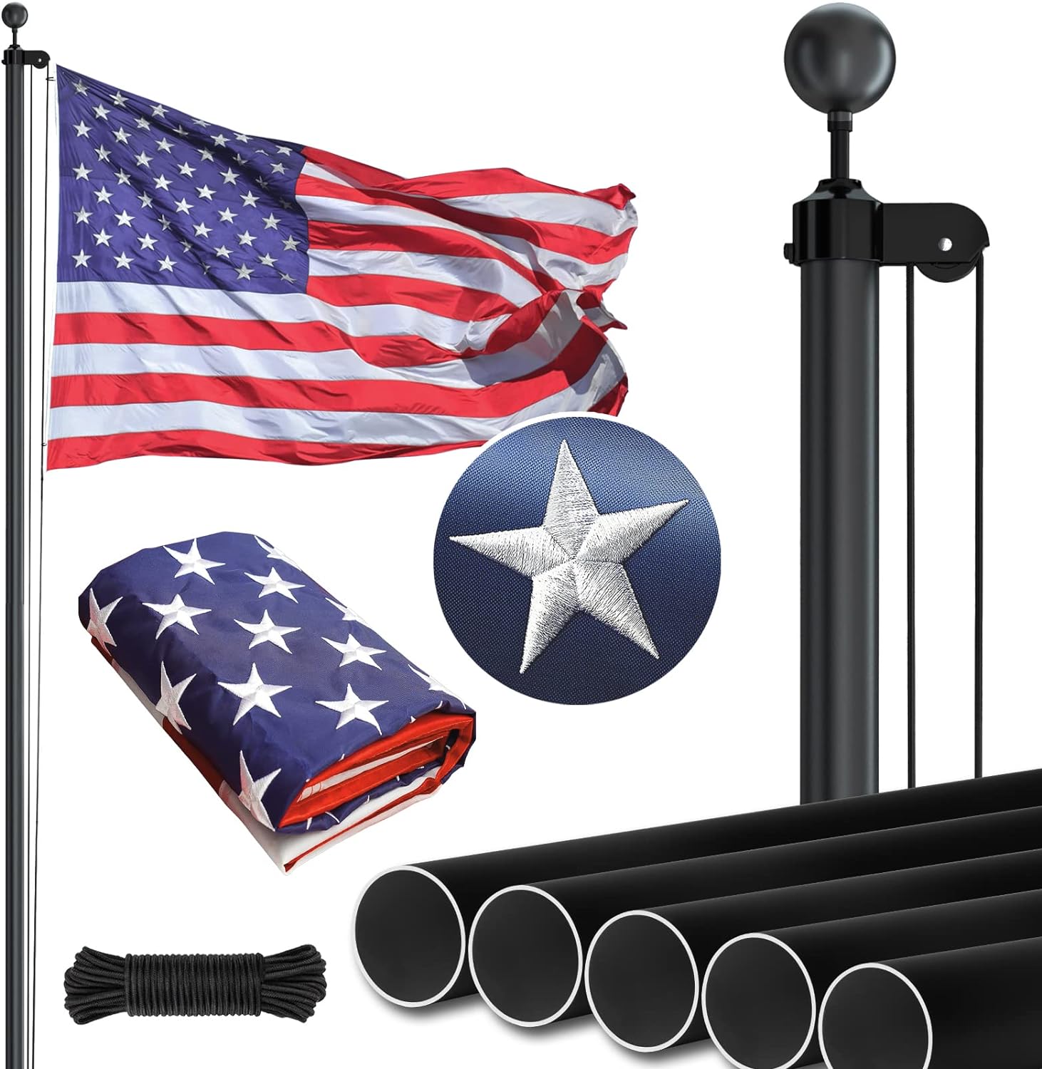 NELXINJO Heavy Duty 25FT Flag Pole with Embroidered Stars 3x5 American Flag-13 G...