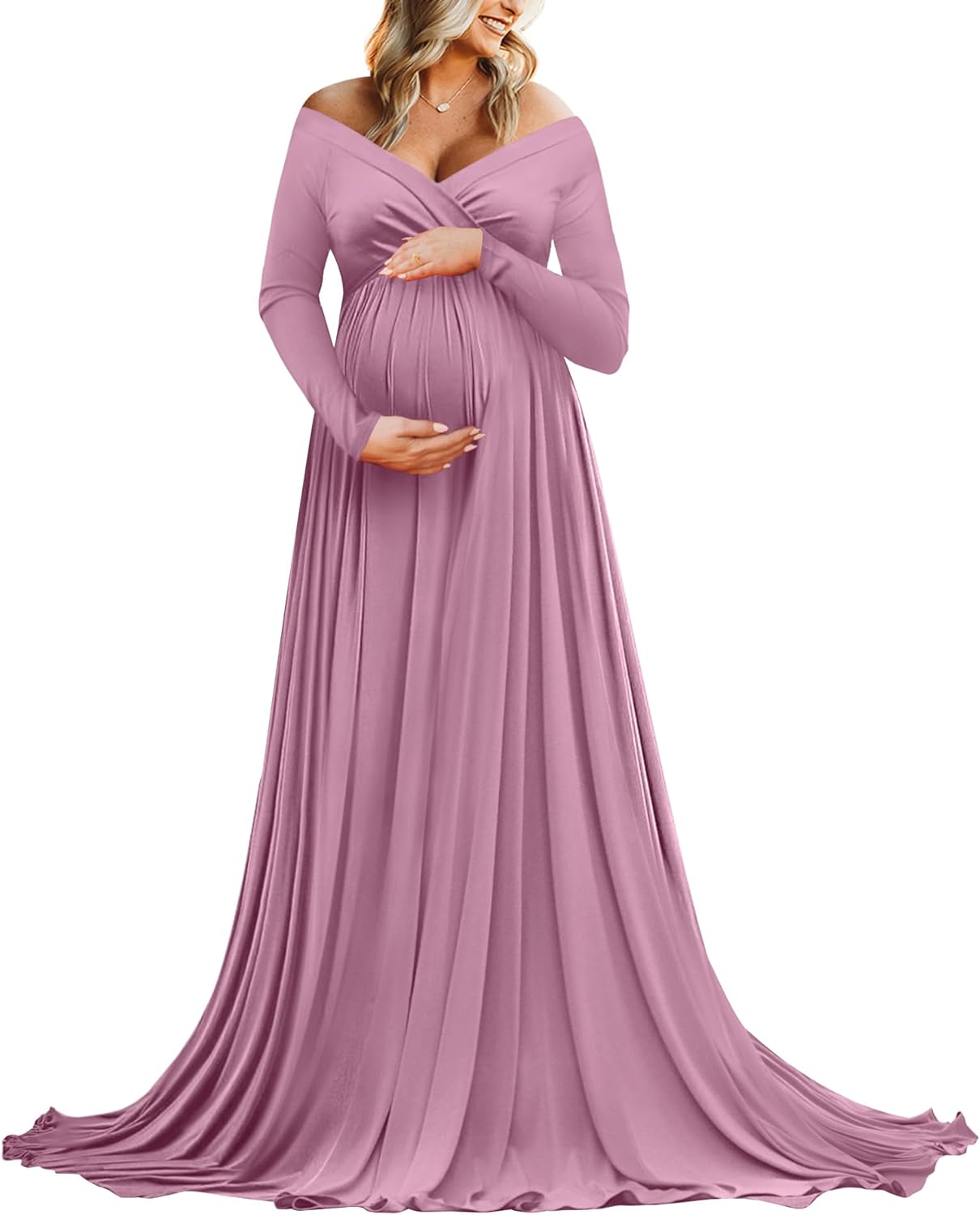 Saslax Maternity Off Shoulders Half Circle Gown for Baby Shower Photo Props Dres...