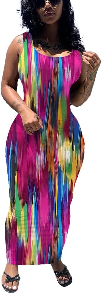 PINSV Women's Sexy Bodycon Tank Dress Basic Sleeveless Long Maxi Dresses Party C...
