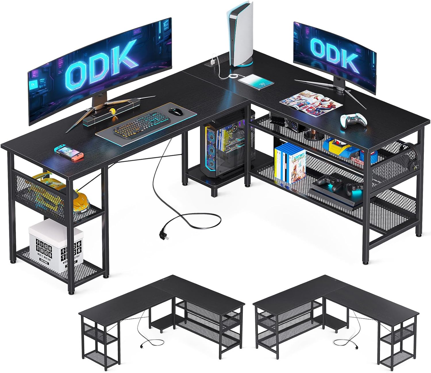 ODK L Shaped Gaming Desk, Reversible Computer desk with 2 Sockets and 2 USB Char...