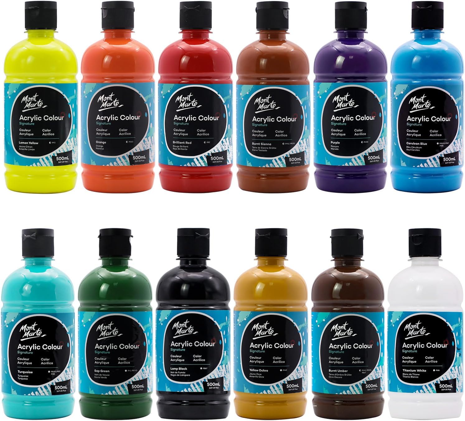 MONT MARTE Signature Acrylic Paint Set, 12 x 500ml (16.9oz), Semi-Matte Finish,...