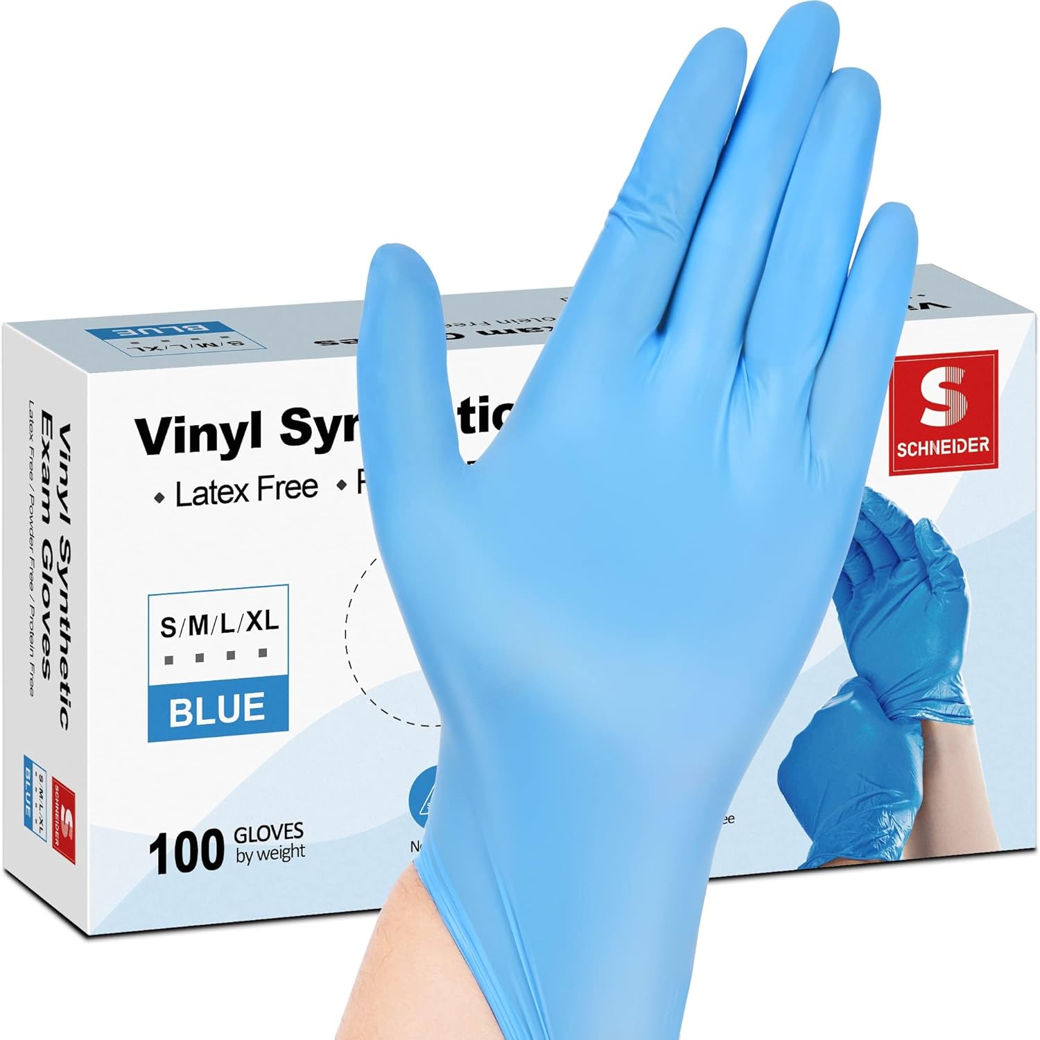 Schneider Blue Vinyl Synthetic Exam Gloves, Medium, Box of 100, 4-mil, Powder-Fr...