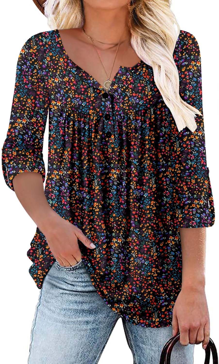 ROSELINLIN Women Tunic Tops Long Sleeve Floral Shirts to Wear with Leggings X-La...