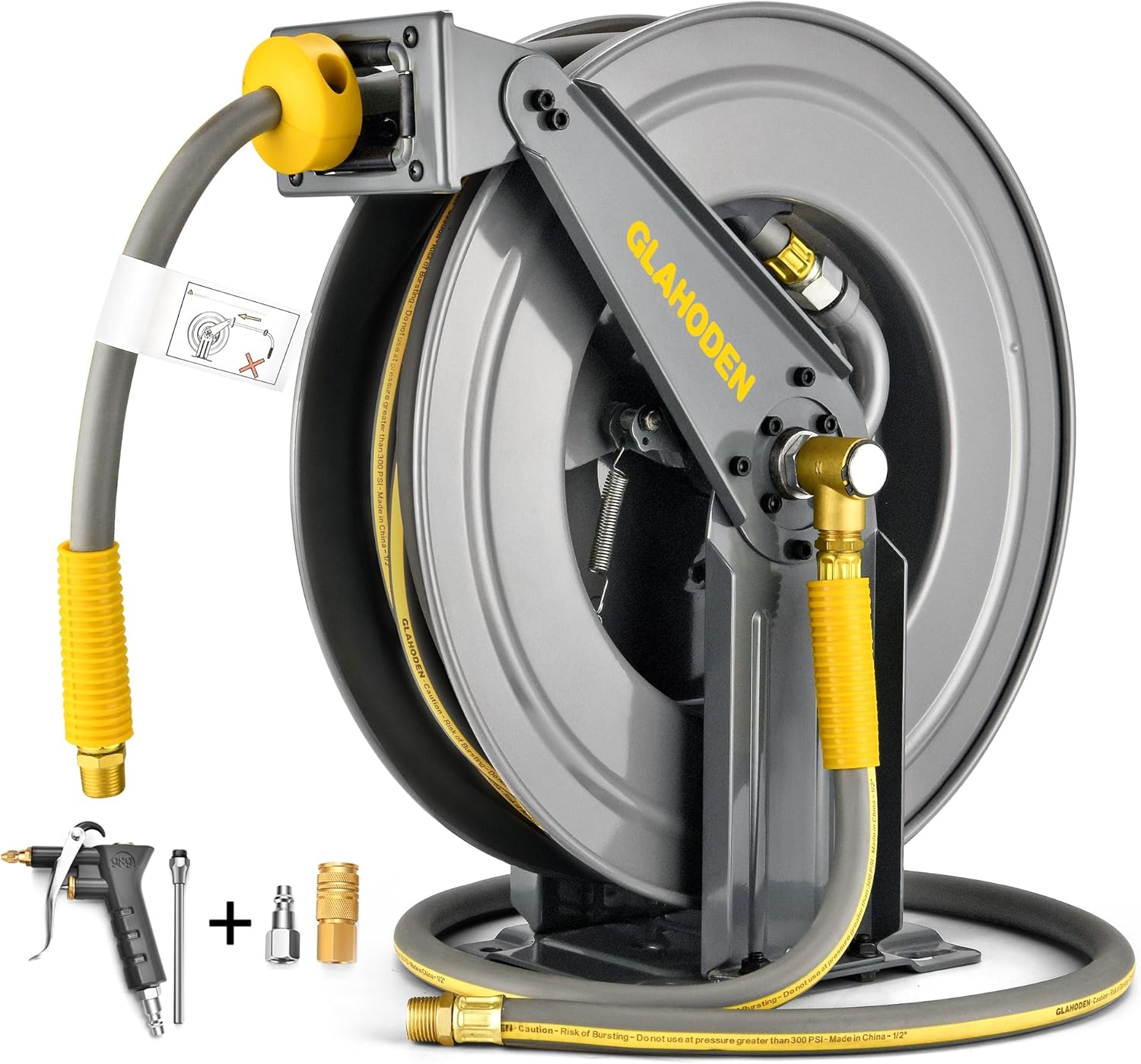 Double Arm Retractable Air Hose Reel, 3/8 in × 65 ft Hybrid Hose Heavy Duty Stee...