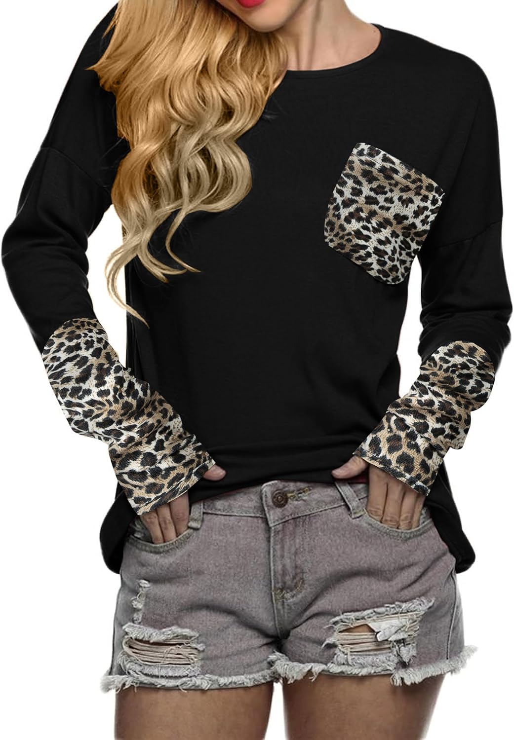 POGTMM Women's Fall Fashion 2024 Long Sleeve Tops Crewneck Patchwork Basic T-Shi...