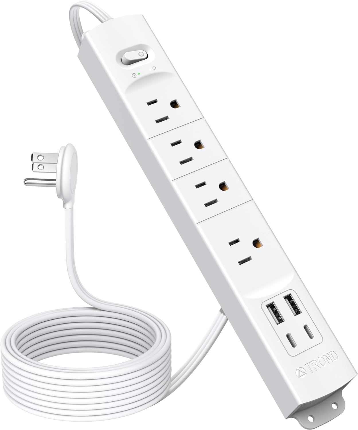 TROND Flat Plug Power Strip USB-10ft Flat Extension Cord Surge Protector Wall Mo...