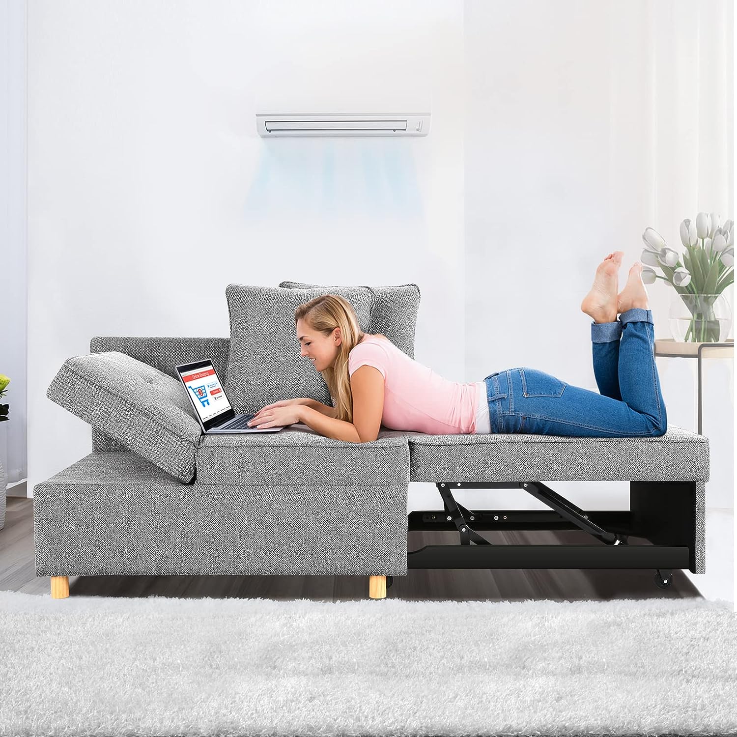 SEJOV Sofa Bed 4-in-1 Convertible Sofas & Couches, 3-Seat Linen Fabric loveseat...