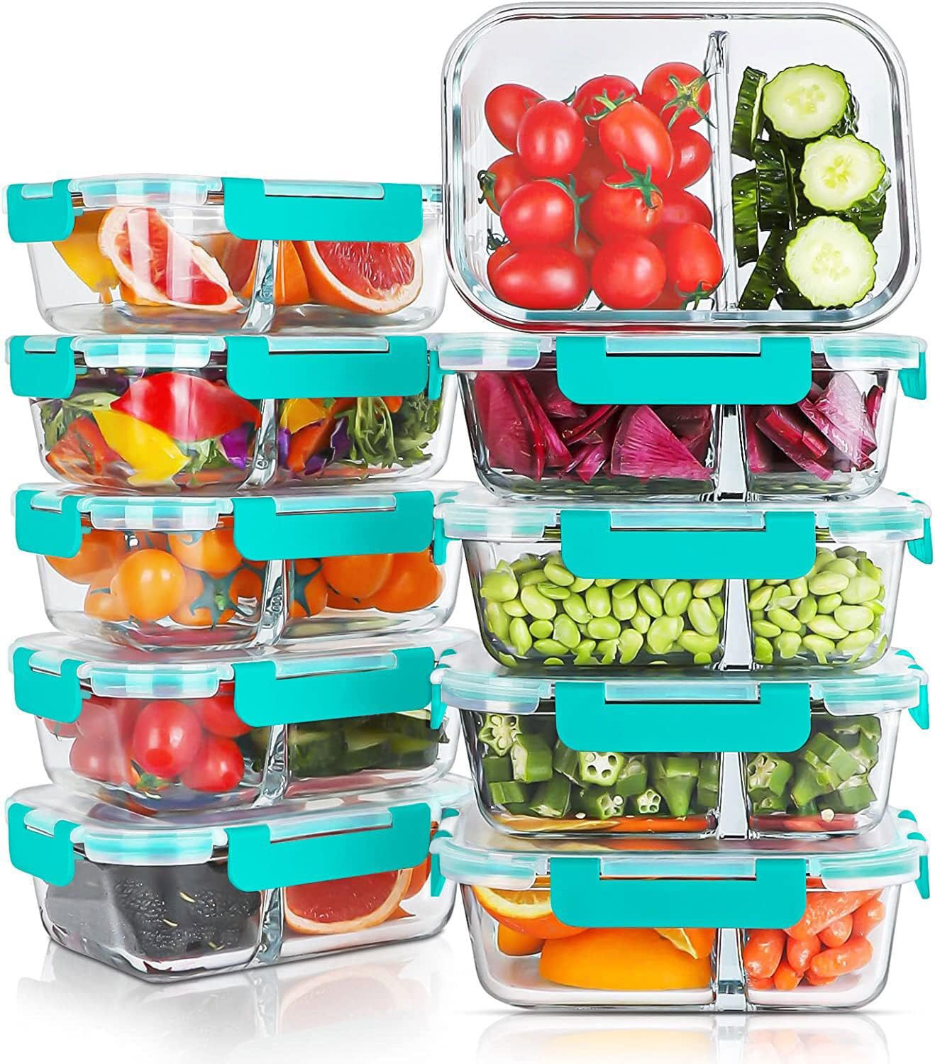 KOMUEE 10 Packs 30oz Glass Meal Prep Containers 2 Compartments,Glass Food Storag...
